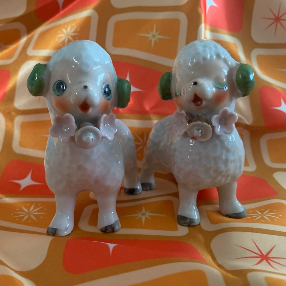 2 Vintage 1950s Anthropomorphic Ram Figurines - Japan Kitsch Floral Wreath Sheep